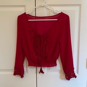 Red lace long sleeve sheer crop top